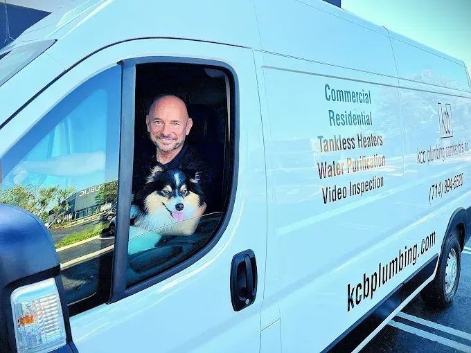 Keevin Blue in a KCB Plumbing van during a Costa Mesa job walk